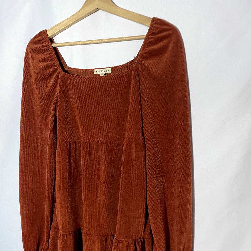 Moa Moa S deep orange corduroy minidress tiered skirt square neck long sleeves - Picture 2 of 7